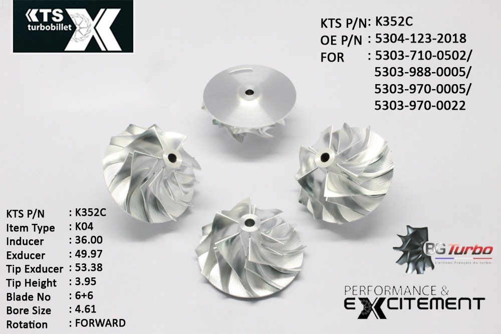 Turbo ROUE FORGÉE MFS PERFORMANCE - 6+6 PALES - INDUCER : 36 - EXDUCER : 49,97 - TYPE : K04ANGLE : 80° - ROTATION : Forward - SUPER BACK : 1,8 - BORE SIZE : 4,61

